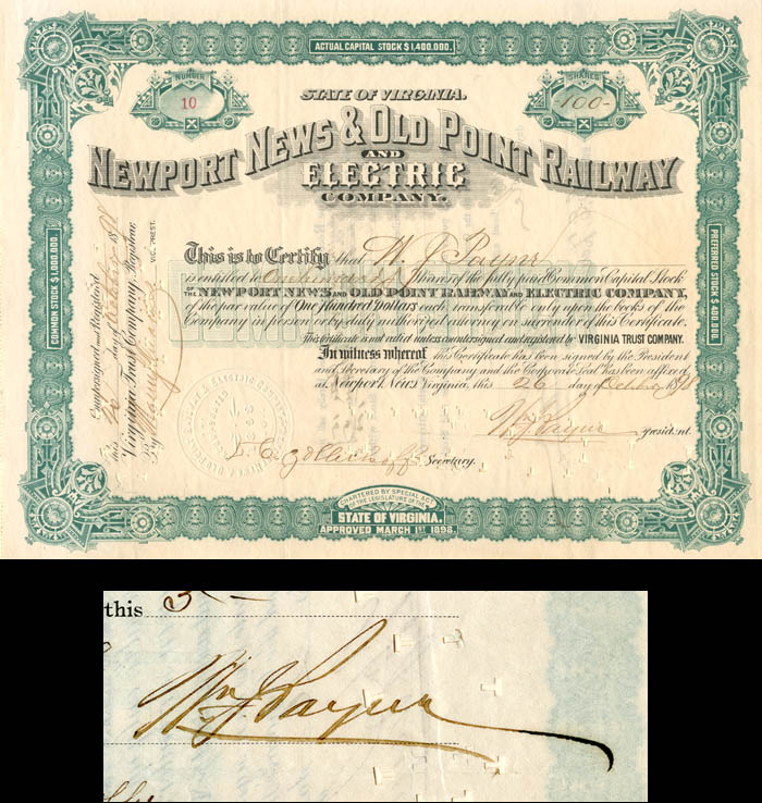 Newport News and Old Point Railway and Electric Co. signed by W.J. Payne